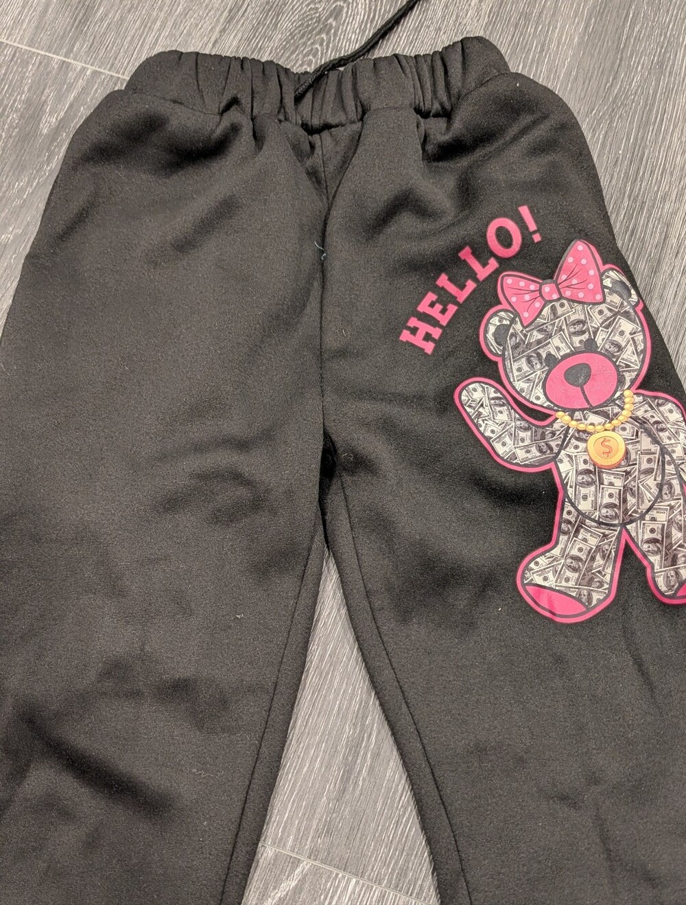Women Black Sweatpants with Pink Teddy Graphic - Hello!
